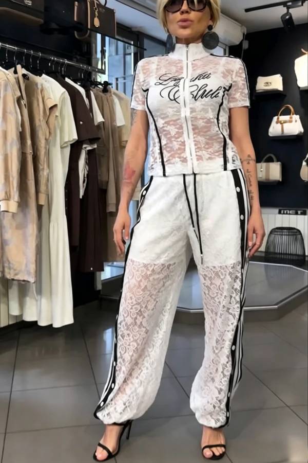 Khloe Lace Striped Patchwork High Neck Zip-Up Top and Elastic Waist Pocket Side Button Pants Set