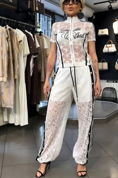 Khloe Lace Striped Patchwork High Neck Zip-Up Top and Elastic Waist Pocket Side Button Pants Set