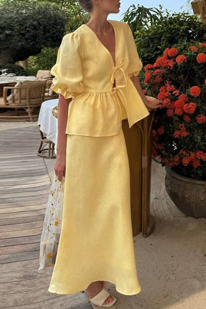 Linen Two-Piece Set with Tie-Front V-Neck Puff Sleeve Peplum Top & High-Waist Midi Skirt