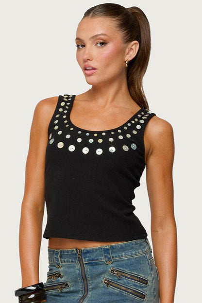 Sequin Button Ribbed Sleeveless Crop Top