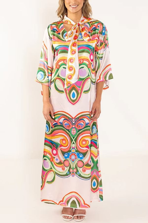 Venice Satin Colorful Baroque Style Print High Neck Tie-up Half Bell Sleeve Maxi Dress