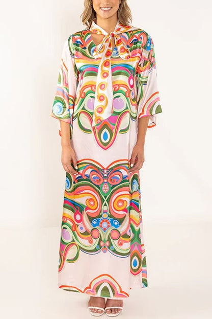Venice Satin Colorful Baroque Style Print High Neck Tie-up Half Bell Sleeve Maxi Dress