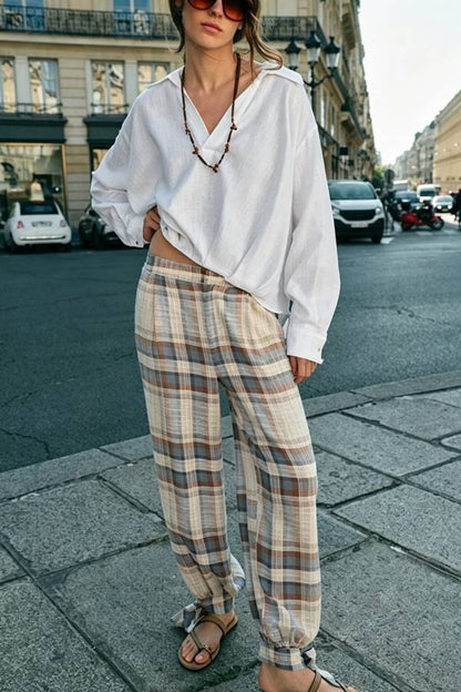 Adrenia Plaid Print Mid Rise Elastic Waist Pocket Tie-up Hem Balloon Pants