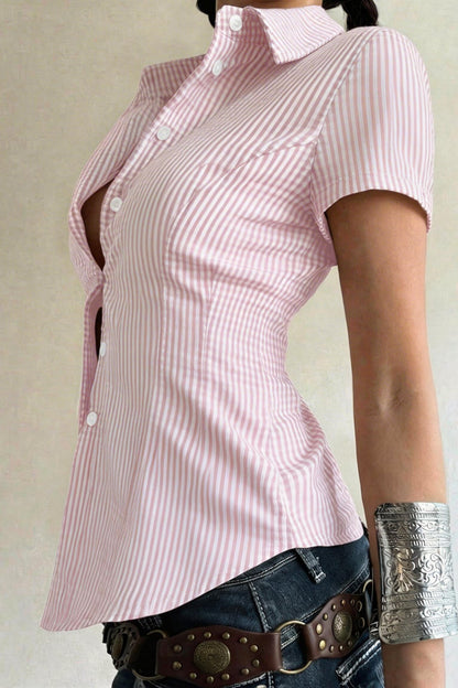 Pink White Vertical Stripe Cinched Waist Blouse