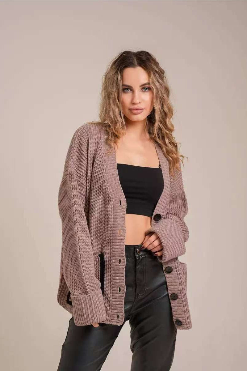 Pocket Color Block V Neck Cardigan