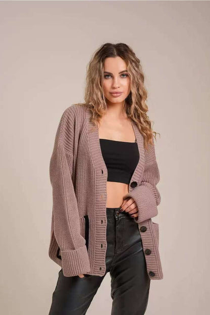 Pocket Color Block V Neck Cardigan