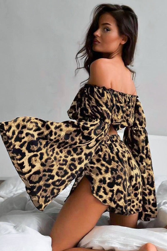 Off Shoulder Flared Long Sleeve Leopard Crop Top Shorts Set