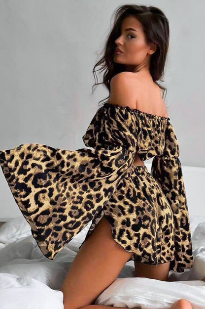 Off Shoulder Flared Long Sleeve Leopard Crop Top Shorts Set
