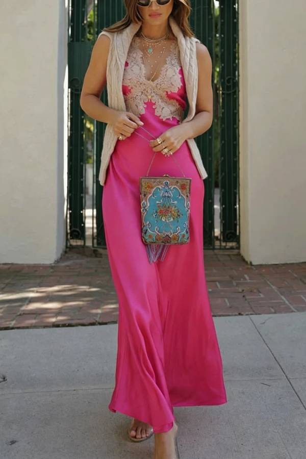 A Little Sultry Satin Floral Lace Trim V-neck Sleeveless Drape Maxi Dress