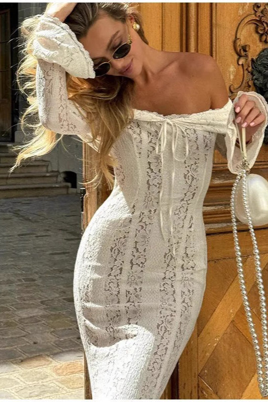 Off Shoulder Tie Front Floral Lace Long Bell Sleeve Bodycon Mini Dress
