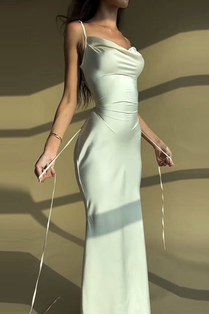 Solid Tie Waist Spaghetti Strap Slim Fit Prom Dress