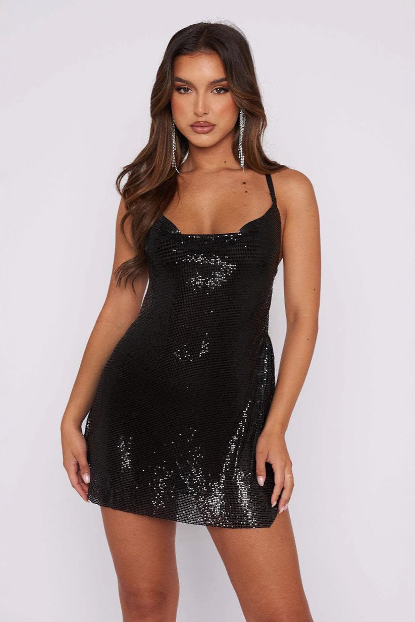 Slim Open Back Off-Shoulder Sequin Dress