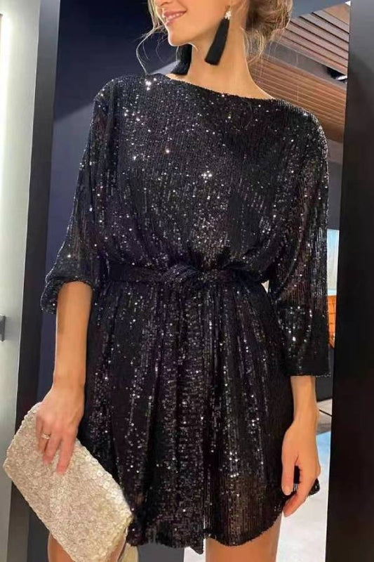 Boat Neck All Over Sequin Waist Tie 3/4 Sleeve Mini Party Dress