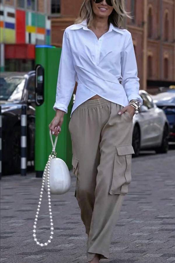 Unique Street Button Up Long Sleeve Slit and Tie-up Hem Blouse
