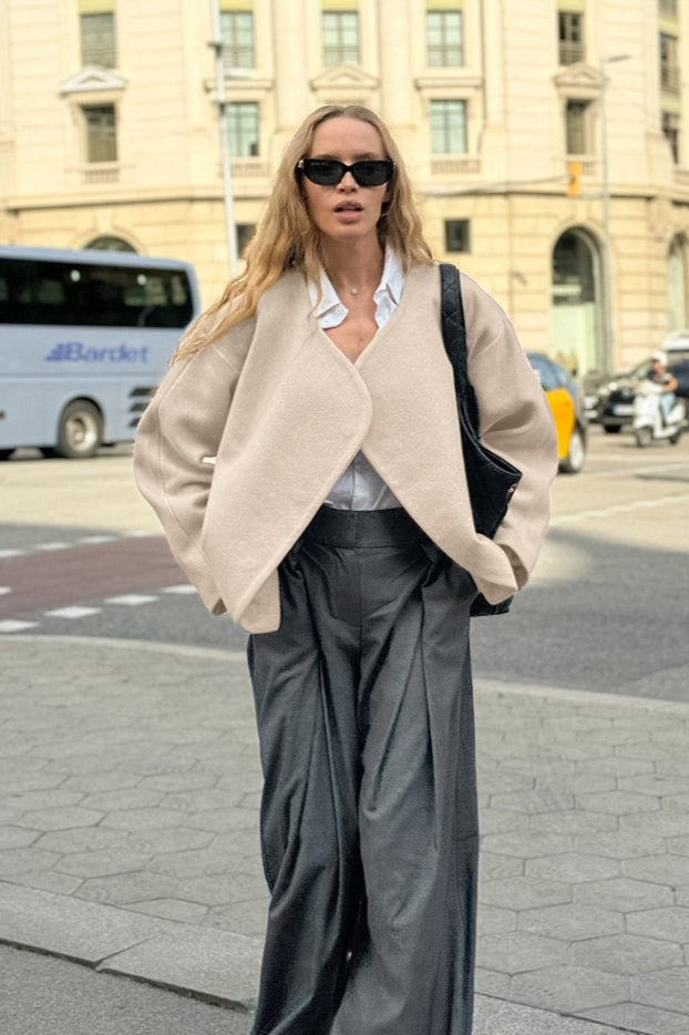 Khaki V Neck Asymmetric Wool Blend Coat