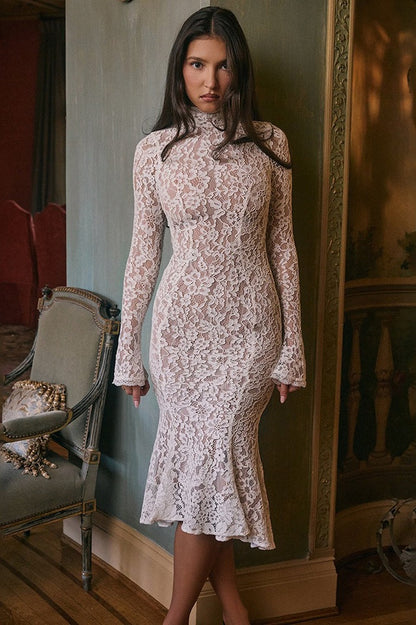 Crew Neck Lace Long Sleeve Mermaid Bodycon Lace Dress