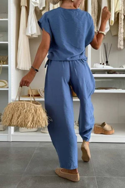 Leva Linen Blend Drawstring Short Sleeve Top and Elastic Waist Pocket Loose Tapered Pants