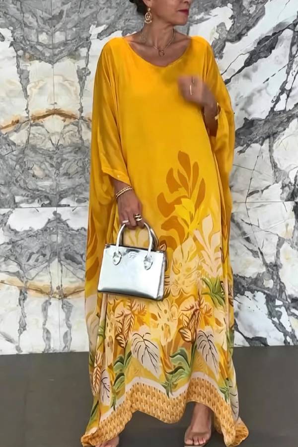 Batwing Sleeve Tropical Leaf Print Kaftan Maxi Dress Loose Cover Up Vacation Gown