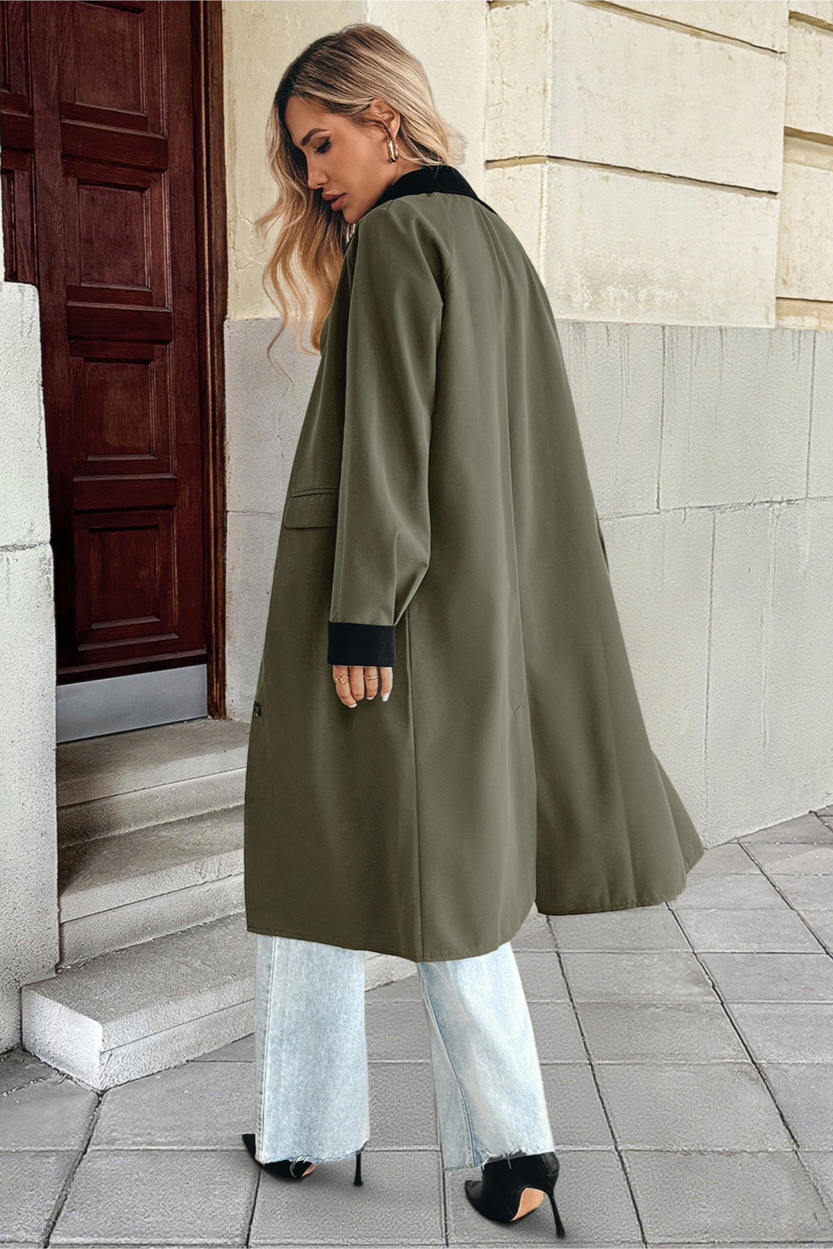 Lapel Color Block Single Breasted Long Office Casual Overcoat