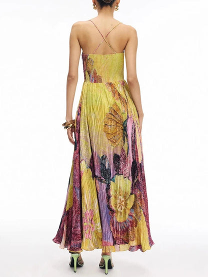 Spaghetti Strap Waisted Floral Print Swing Maxi Dress
