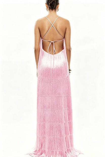Dynamic Beauty Layered Tassel Design Back Tie-up Maxi Dress