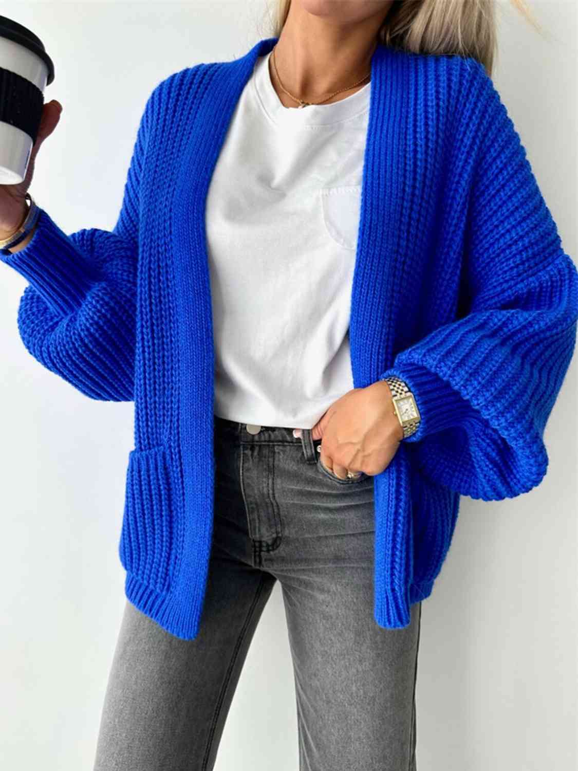 Solid Color V-neck Long-sleeved Casual Knitted Cardigan