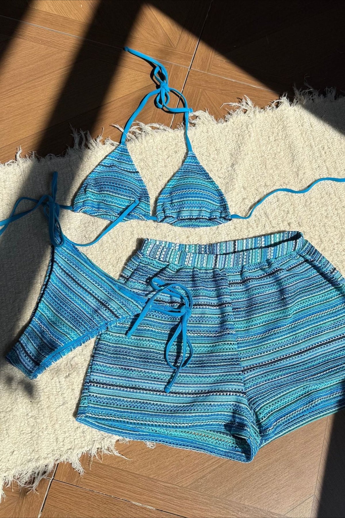 Halter Knit Colorblock Beach Shorts Three Piece Swim Set