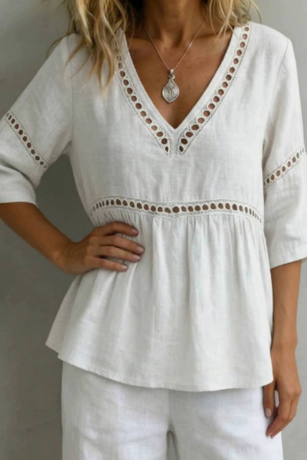 Boho Eyelet Embroidery V‑Neck Babydoll Blouse