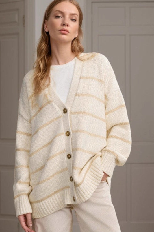Striped V Neck Cotton Cardigan Sweater