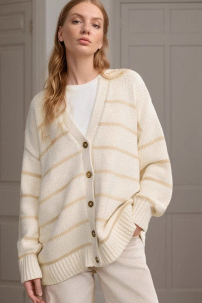 Striped V Neck Cotton Cardigan Sweater