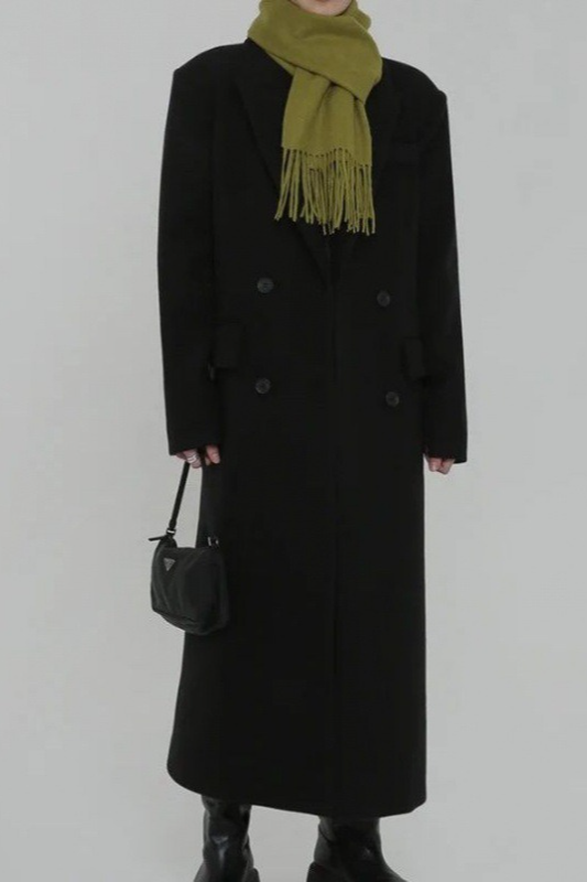 Thick Black Wool Blend Regular Shoulder Loose Overcoat