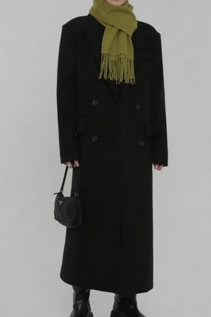 Thick Black Wool Blend Regular Shoulder Loose Overcoat
