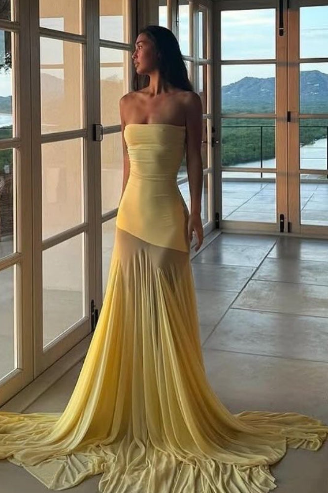 Pale Mesh Panel Strapless Gown Prom Dress