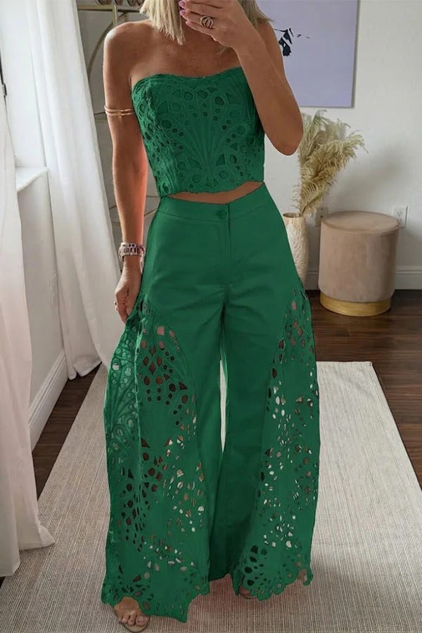 Sienna Embroidered Cut-Out Palazzo Pants Two-Piece Set