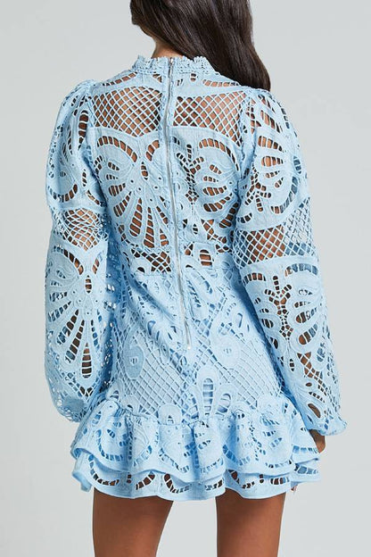 Multi-Color Cutout Lace Puff Sleeve Ruffle Hem Mini Dress