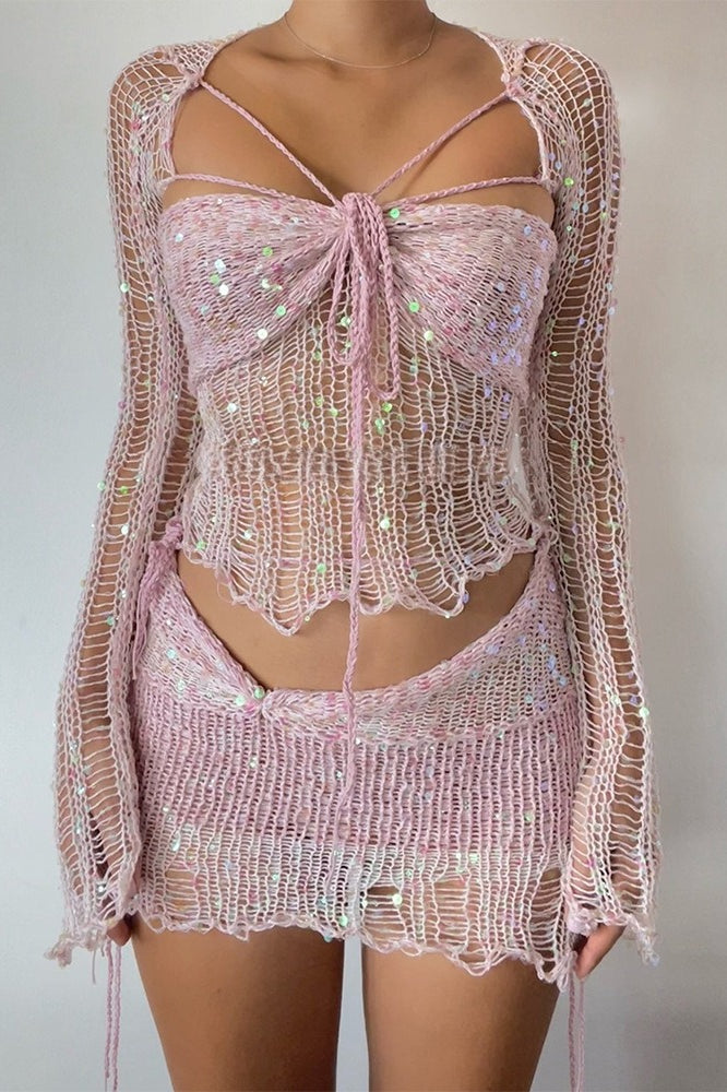 Sequin Knit Cutout Sweater Three Piece Skirt Set