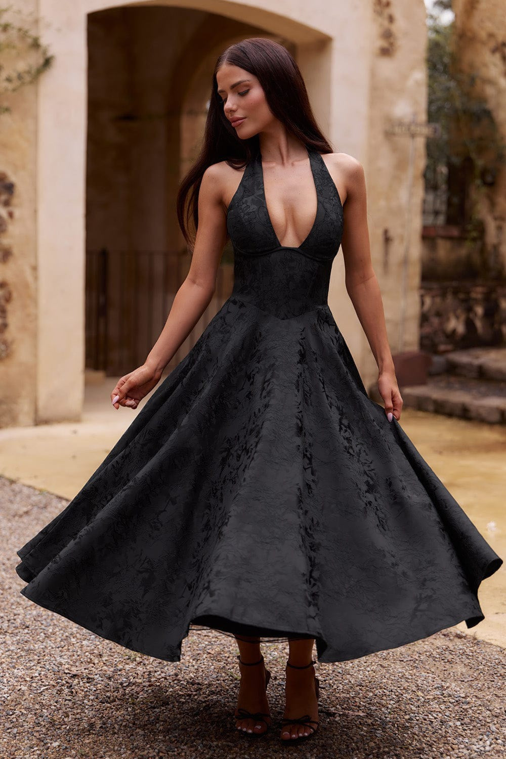 Jacquard Halter V-Neck Party Dress