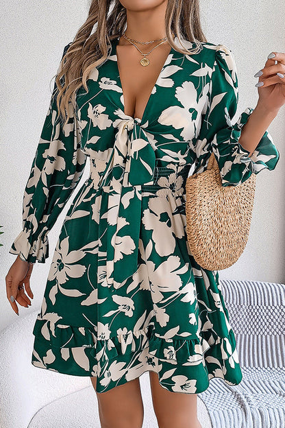 Floral Print Tie Front Deep V-Neck Smocked Waist Tiered Ruffle Mini Dress