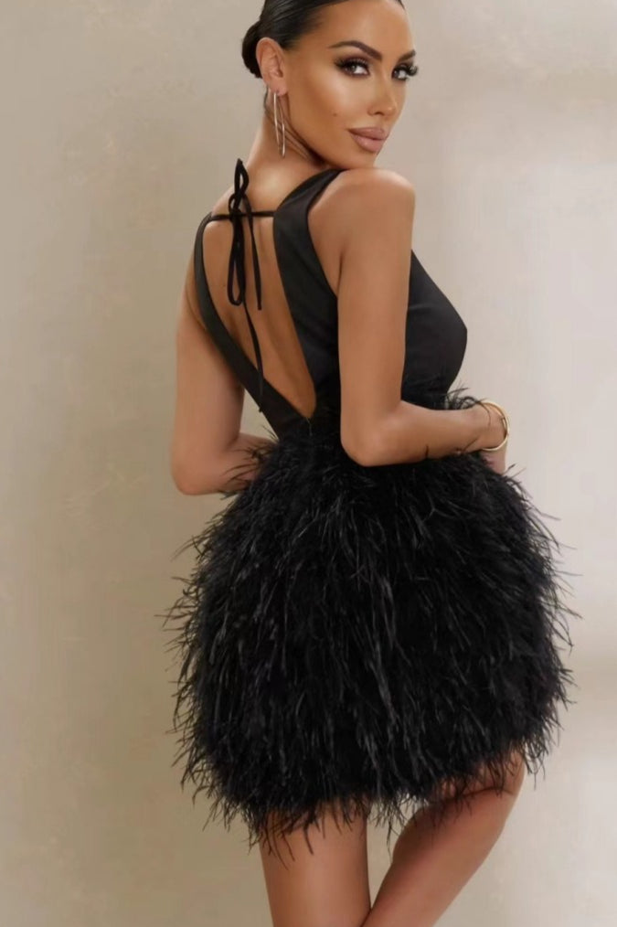 Feather Tie Waist Sleeveless Mini Dress
