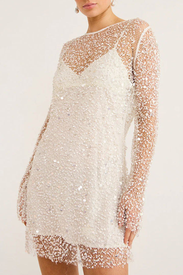 Sequin Mesh Overlay Slip Strap Bell Sleeve Mini Dress
