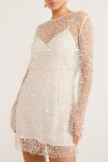Sequin Mesh Overlay Slip Strap Bell Sleeve Mini Dress