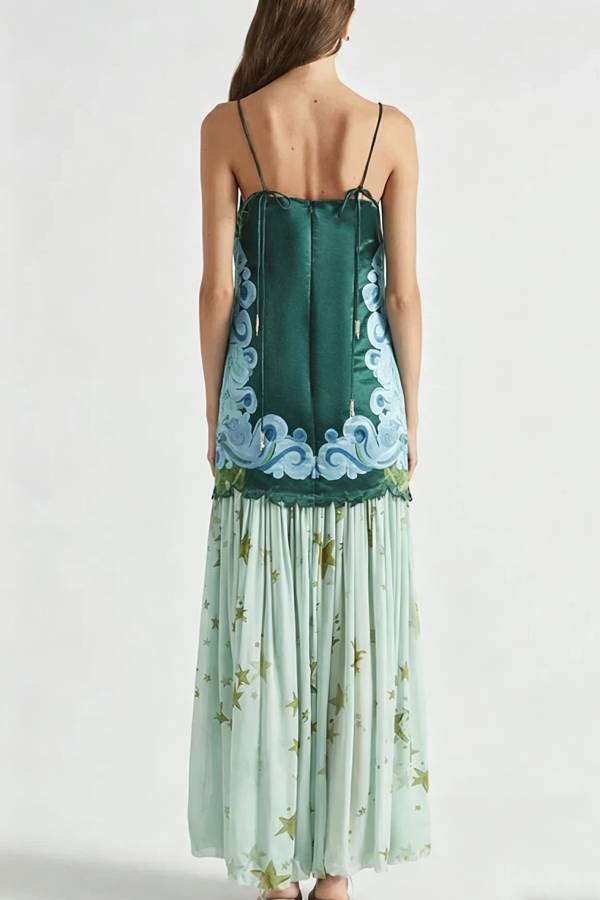 Fresh Bloom Unique Print Satin and Pleated Tulle Hem Slip Maxi Dress