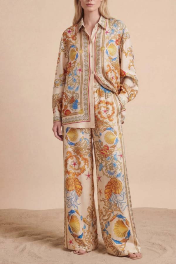Ocean Shell Baroque Printed Satin Long Sleeve Shirt & Wide Leg Pants Vacation Two-Piece Set