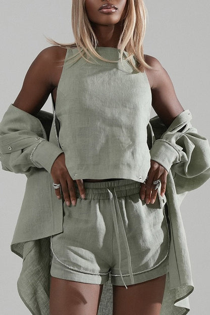 Alanah Linen Blend Silver Tirm Long Sleeve Pocket Oversized Shirt Jacket