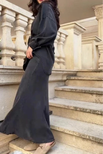 Long-sleeved Tie-Drawstring Shirt and Skirt Set
