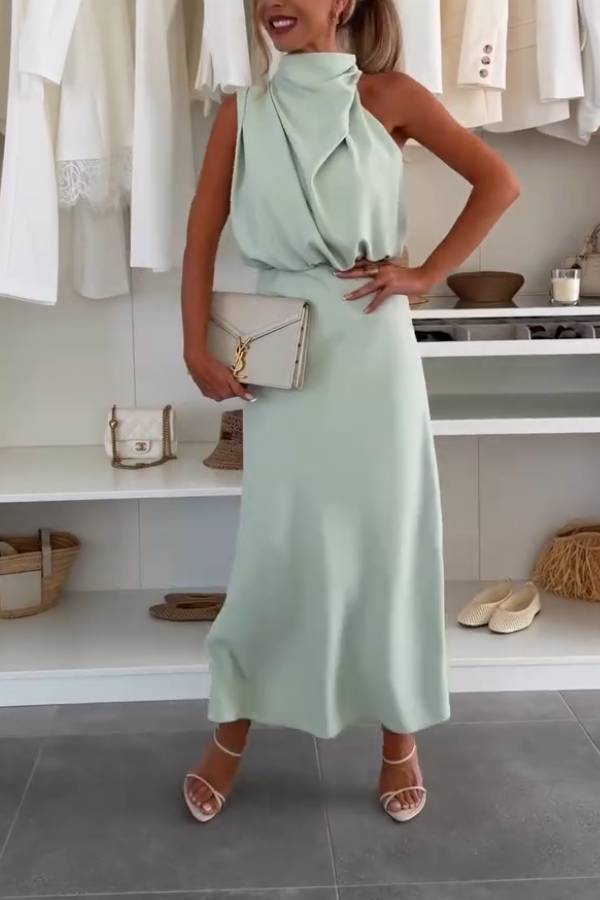 Halter Cowl Neck Satin Waisted Midi Dress