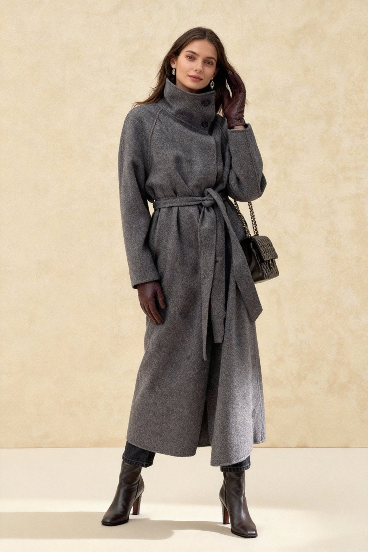 Grey High Collar Long Woolen Coat