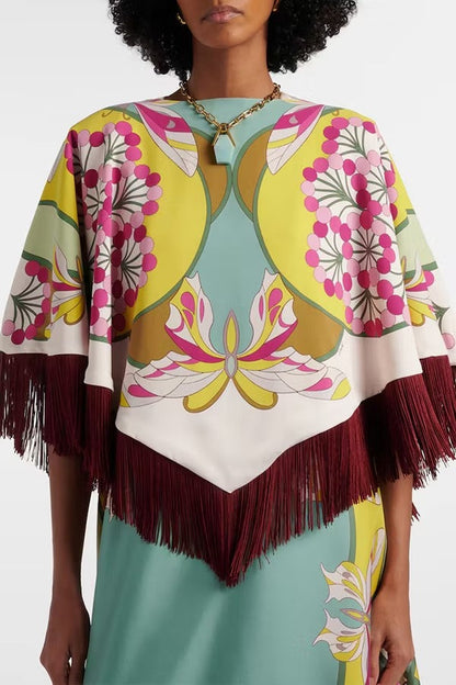 Boho Ethnic-style Floral Pattern Tassel Trim Loose Cape Top