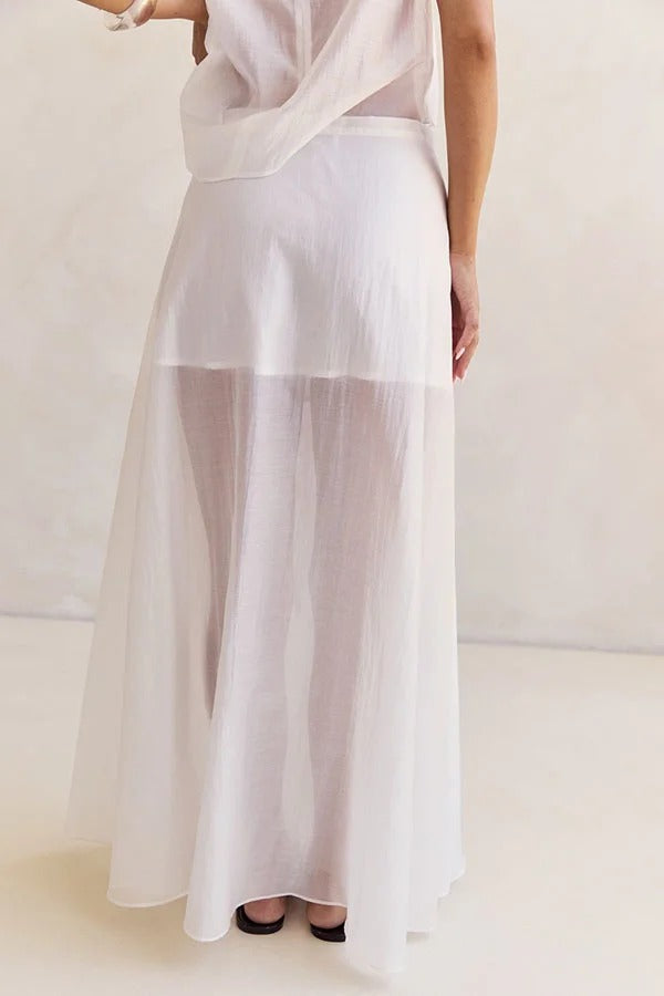 Lena Semi-sheer Irregular Hem Top and High Rise Side Zipper A-line Maxi Skirt Set