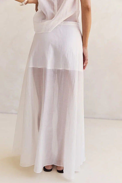 Lena Semi-sheer Irregular Hem Top and High Rise Side Zipper A-line Maxi Skirt Set